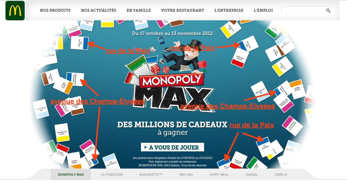 2012 McDonald's France Monopoly MAX promotional webpage showing misleading distribution of game pieces including multiple "Rue de la Paix" and "Avenue des Champs-Élysées" stamps